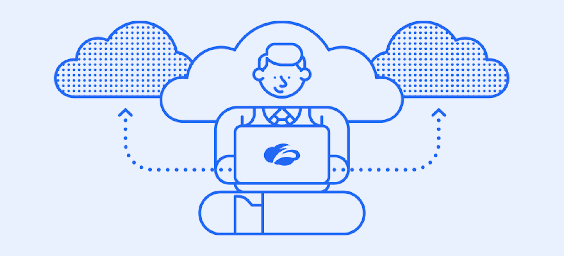 Illustration of a man working on a laptop while connecting to the cloud